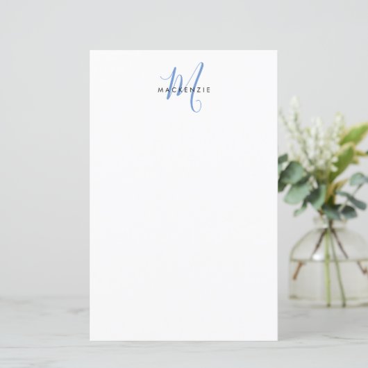 Elegant modern wit blauwe script monogram papier (Staand voorkant)