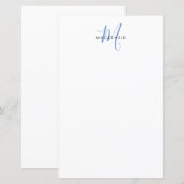 Elegant modern wit blauwe script monogram papier (Voorkant / Achterkant)