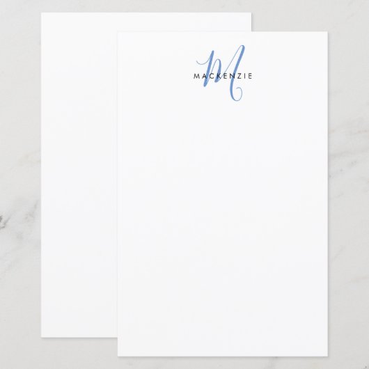 Elegant modern wit blauwe script monogram papier (Voorkant / Achterkant)
