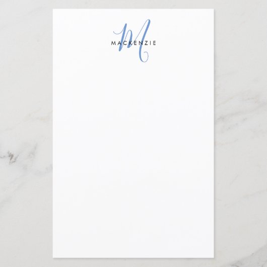 Elegant modern wit blauwe script monogram papier (Voorkant)