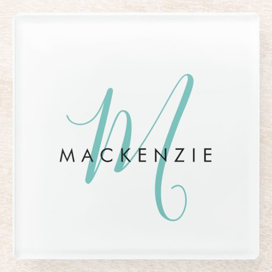 Elegant modern wit Blauwgroen Script monogram Glazen Onderzetter (Voorkant)