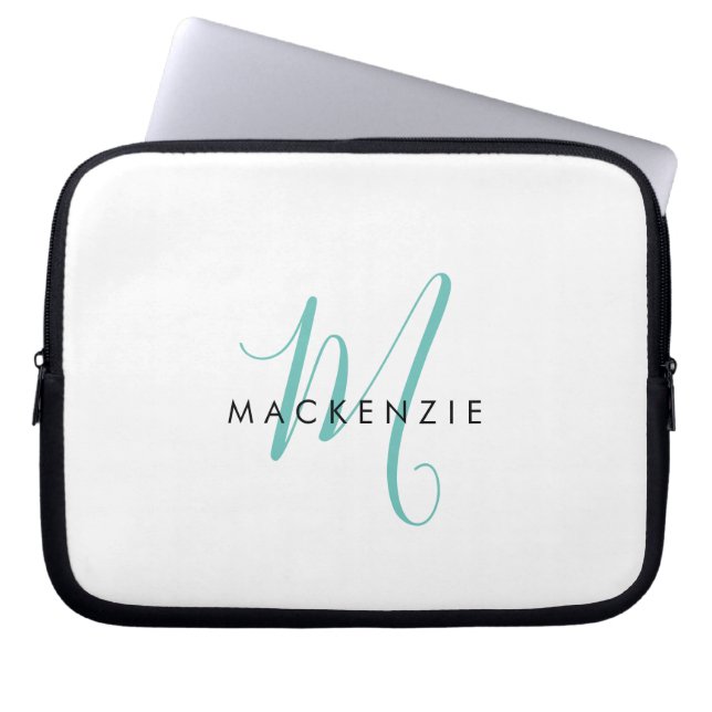 Elegant modern wit Blauwgroen Script monogram Laptop Sleeve (Voorkant)
