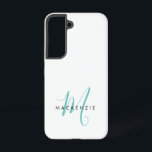 Elegant modern wit Blauwgroen Script monogram Samsung Galaxy Hoesje<br><div class="desc">Elegant Moderne Witte Blauwgroen Monogram van het Manuscript Kwestie van de Telefoon. Een elegant blauwgroen manuscriptmonogram dat met een schone zwarte san-serif doopvont wordt gecombineerd maakt voor een hedendaagse blik.</div>
