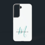 Elegant modern wit Blauwgroen Script monogram Samsung Galaxy Hoesje<br><div class="desc">Elegant Moderne Witte Blauwgroen Monogram van het Manuscript Kwestie van de Telefoon. Een elegant blauwgroen manuscriptmonogram dat met een schone zwarte san-serif doopvont wordt gecombineerd maakt voor een hedendaagse blik.</div>