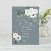 Elegant Modern Wit Bloemen en Slate Grey Bruiloft Kaart (Staand voorkant)