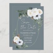 Elegant Modern Wit Bloemen en Slate Grey Bruiloft Kaart (Voorkant / Achterkant)