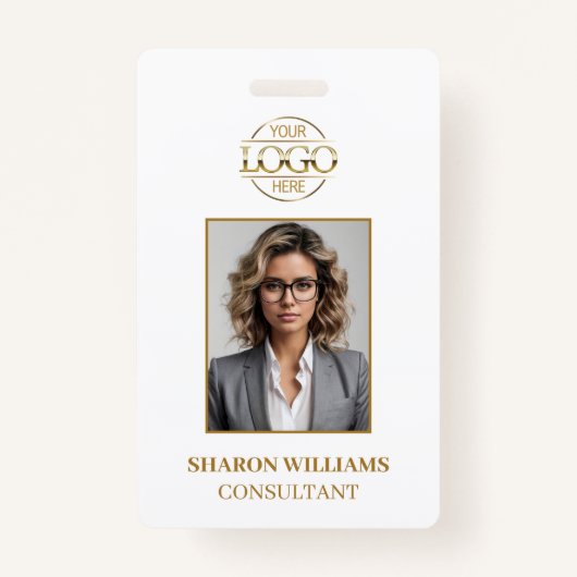 Elegant Modern Wit Goud Eenvoudige Medewerker Foto Badge (Voorkant)