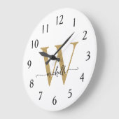 Elegant Modern Wit Goud Monogram Naam Script Grote Klok (Hoek)