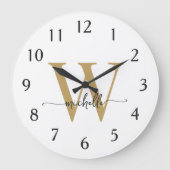 Elegant Modern Wit Goud Monogram Naam Script Grote Klok (Voorkant)