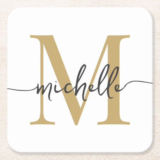 Elegant Modern Wit Goud Monogram Naam Script Kartonnen Onderzetters (Voorkant)