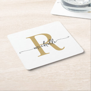 Elegant Modern Wit Goud Monogram Naam Script Kartonnen Onderzetters