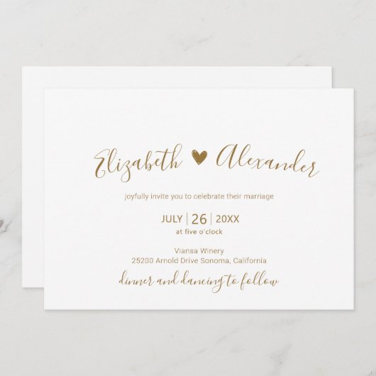 Elegant Modern Wit Goud Script Hart Bruiloft Kaart (Voorkant / Achterkant)