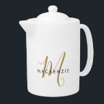Elegant Modern Wit Goud Script Monogram Theepot<br><div class="desc">Elegant Modern White Gold Script Monogram teapot. Een elegant gouden monogram gecombineerd met een schone zwarte san-serif doopvont maakt een hedendaagse blik.</div>