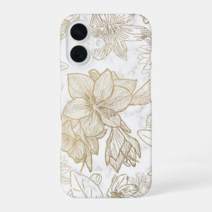 Elegant modern wit grijs goud marmer bloemen iPhone 16 hoesje