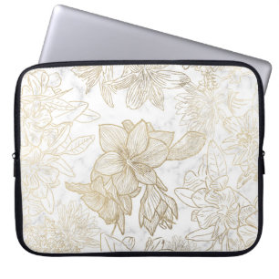 Elegant modern wit grijs goud marmer bloemen laptop sleeve