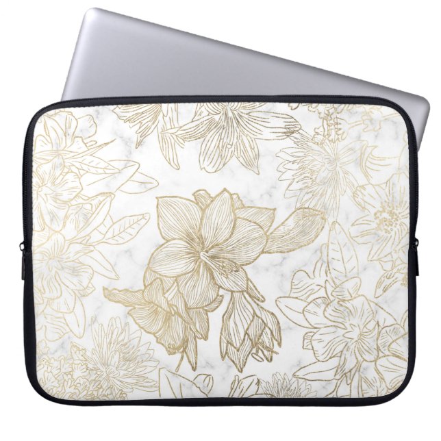 Elegant modern wit grijs goud marmer bloemen laptop sleeve (Voorkant)