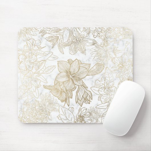 Elegant modern wit grijs goud marmer bloemen muismat (Met muis)