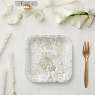 Elegant modern wit grijs goud marmer bloemen papieren bordje