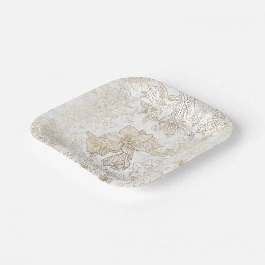 Elegant modern wit grijs goud marmer bloemen papieren bordje (Gebogen)