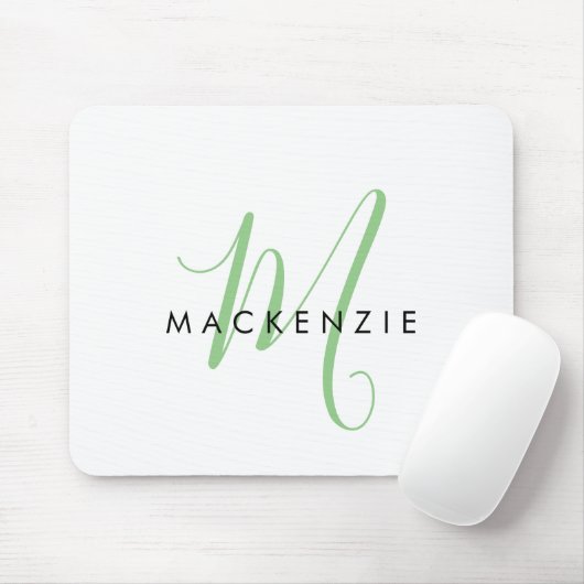 Elegant Modern Wit Groen Script Monogram Muismat (Met muis)