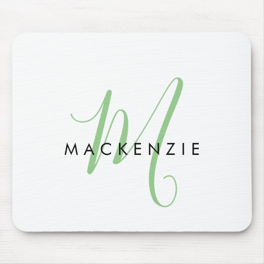 Elegant Modern Wit Groen Script Monogram Muismat (Voorkant)