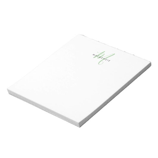 Elegant Modern Wit Groen Script Monogram Notitieblok (Linkerzijde)