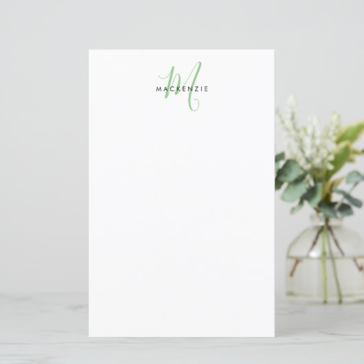 Elegant Modern Wit Groen Script Monogram Papier (Staand voorkant)