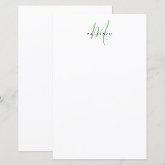 Elegant Modern Wit Groen Script Monogram Papier (Voorkant / Achterkant)