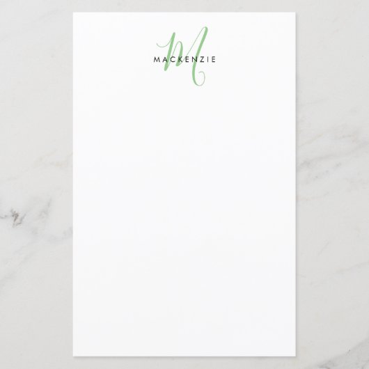 Elegant Modern Wit Groen Script Monogram Papier (Voorkant)