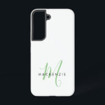 Elegant Modern Wit Groen Script Monogram Samsung Galaxy Hoesje<br><div class="desc">Elegant Modern Wit Groen Script Monogram Hoesje.  Een elegant groen script monogram gecombineerd met een schoon zwart schreefloos lettertype geeft een eigentijdse look.</div>