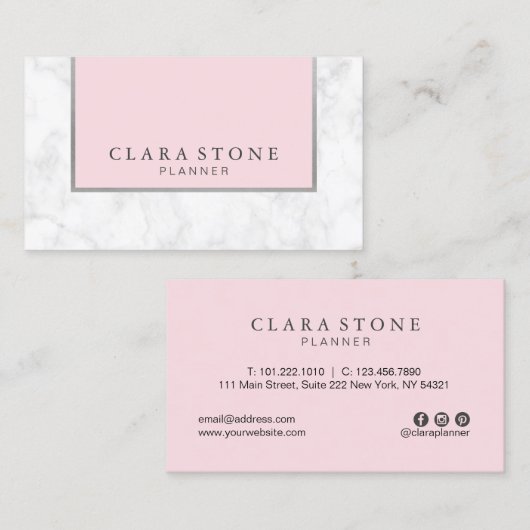 Elegant modern wit marmer pastelroze en zilver visitekaartje (Voorkant / Achterkant)