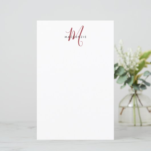 Elegant Modern Wit Rode Script Monogram Papier (Staand voorkant)