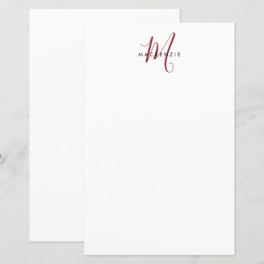 Elegant Modern Wit Rode Script Monogram Papier (Voorkant / Achterkant)