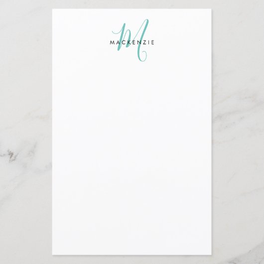 Elegant Modern Wit Teal Schrift Monogram Papier (Voorkant)