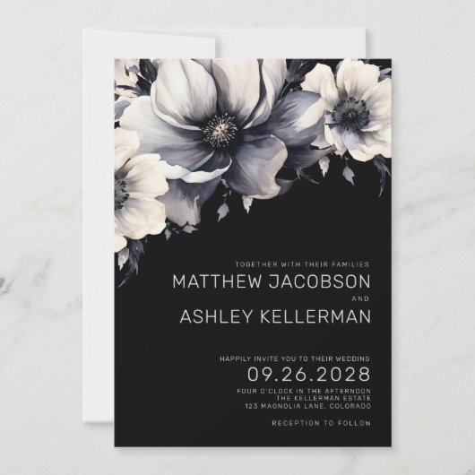 Elegant Modern Wit Zwart Bloemen Bruiloft Kaart (Voorkant)