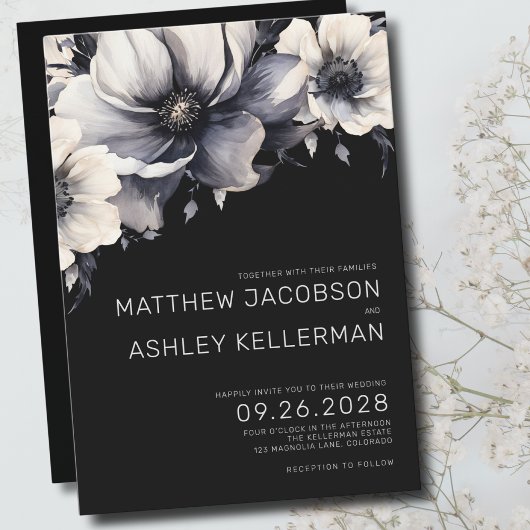 Elegant Modern Wit Zwart Bloemen Bruiloft Kaart