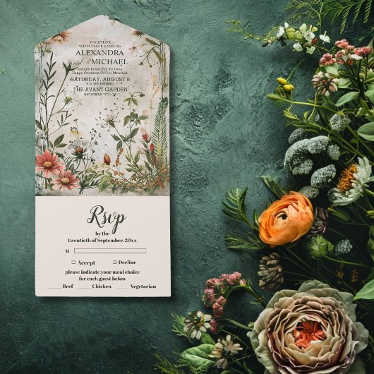 Elegant Modern Woodland Herfst Floral Wedding All In One Uitnodiging