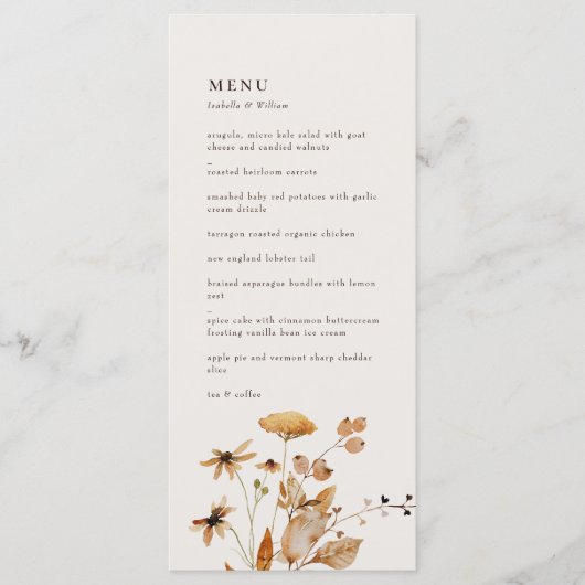 Elegant Modern Woodland Herfst Floral Wedding Menu (Voorkant)