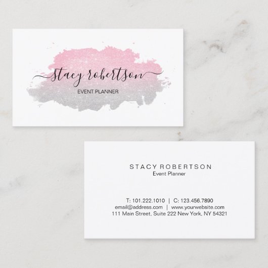 Elegant modern zilver- en roos goudglitter-planner visitekaartje (Voorkant / Achterkant)