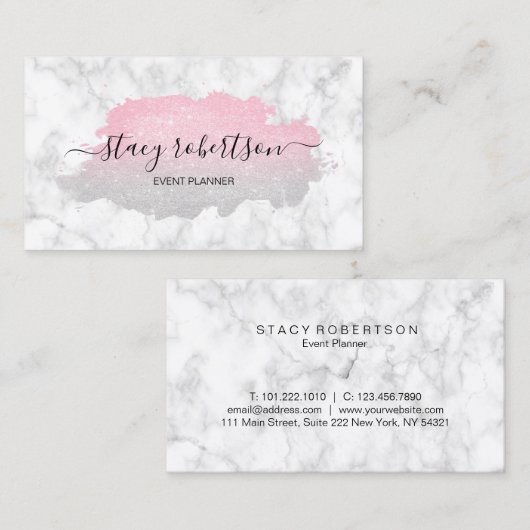 Elegant modern zilver- en roos goudglitter-planner visitekaartje (Voorkant / Achterkant)