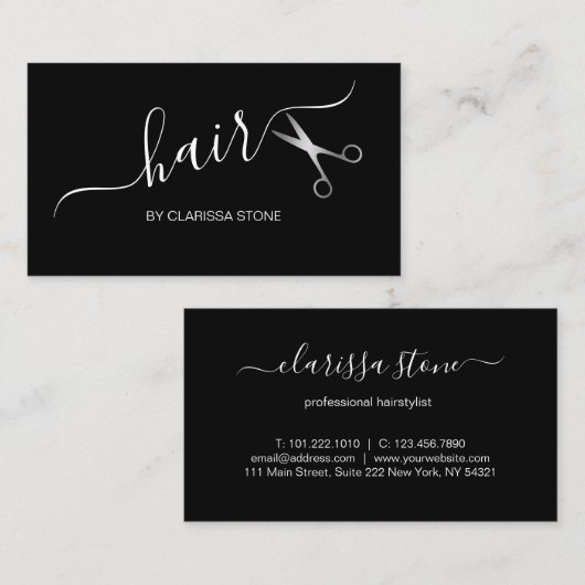 Elegant modern zilver- en zwarte schaar visitekaartje (Voorkant / Achterkant)