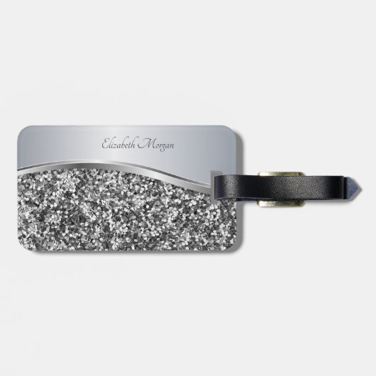 Elegant modern zilver glitter, metaal, hoge hoogte bagagelabel (Achterkant horizontaal)
