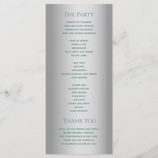 Elegant Modern Zilveren Groene Trouw Programmakaart (Achterkant)