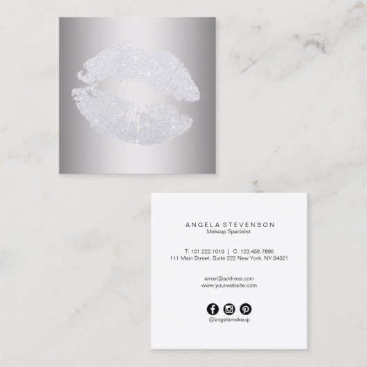 Elegant modern zilverglitter lipt make-up kunstena vierkante visitekaartje (Voorkant / Achterkant)