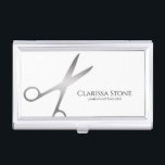 Elegant modern zilverschaar visitekaarthouder<br><div class="desc">Moderne en elegante vormgeving voor haarstylists met faux zilveren schaar en elegant calligrafielettertype.</div>