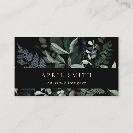Elegant Modern Zwart Bladvormig Tropisch Bladvaren Visitekaartje (Voorkant)
