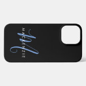 Elegant modern zwart blauw Script-monogram iPhone Hoesje (Achterkant horizontaal)