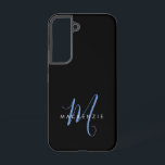 Elegant modern zwart blauw Script-monogram Samsung Galaxy Hoesje<br><div class="desc">Elegant modern zwart-blauw Manuscript Monogram telefoongeval. Een elegant blauw manuscriptmonogram dat met een schone witte san-serif doopvont wordt gecombineerd maakt voor een hedendaagse blik.</div>