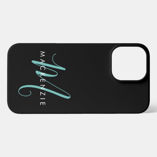 Elegant modern zwart Blauwgroen Script-monogram iPhone Hoesje (Achterkant horizontaal)