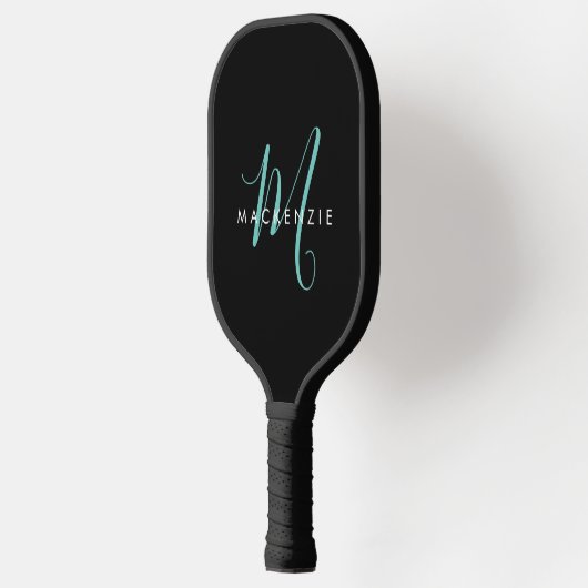 Elegant modern zwart Blauwgroen Script-monogram Pickleball Paddle (Links)